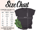 Comfort Colors 1717 unisex t-shirt size chart with width and length measurements in inches.