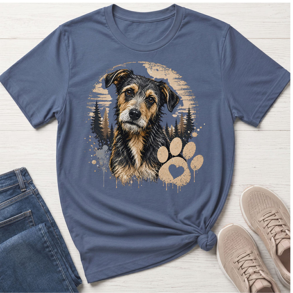 T-shirt with a scruffy dog portrait, pine trees, and a paw print with a heart.