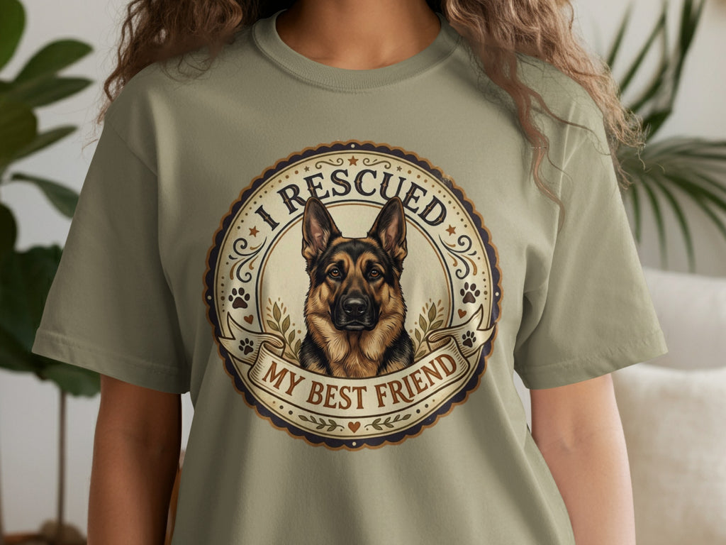 T-shirt graphic: German Shepherd portrait with text "I RESCUED MY BEST FRIEND".