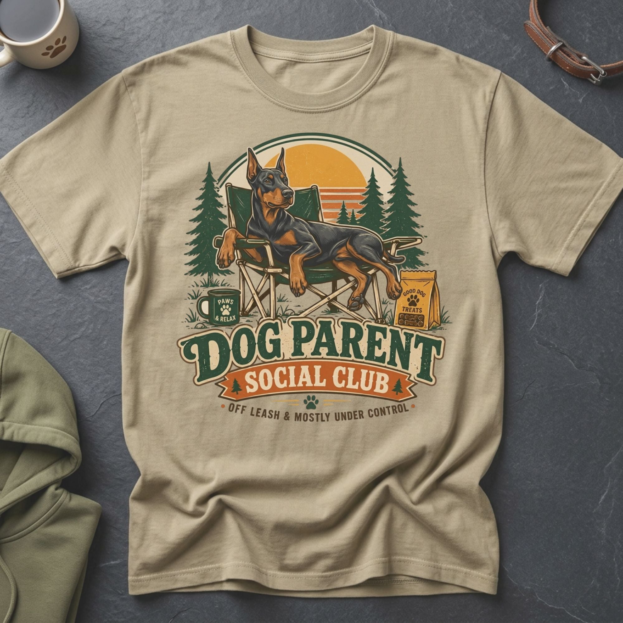 T-shirt graphic with Doberman on a chair, text "Dog Parent Social Club" and "Off Leash & Mostly Under Control."