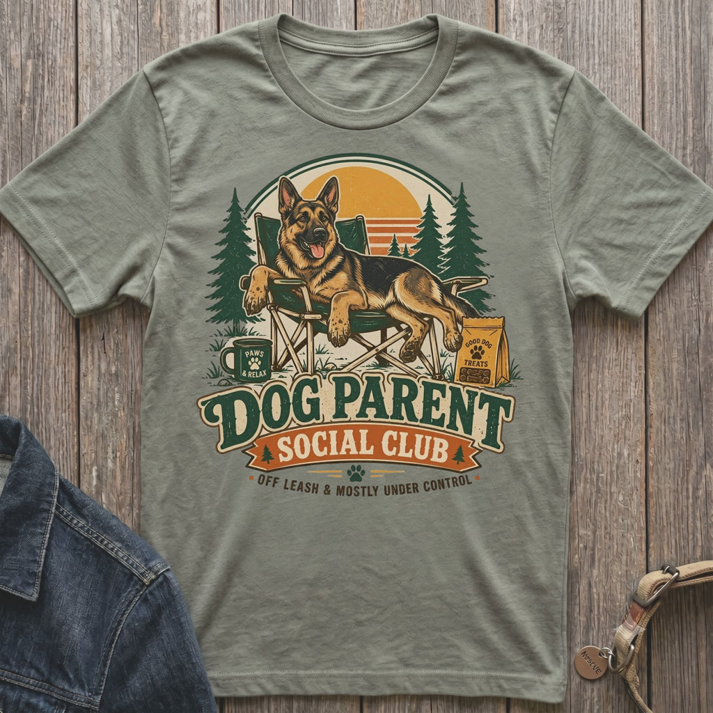 German Shepherd relaxing in a chair with "Dog Parent Social Club" text.