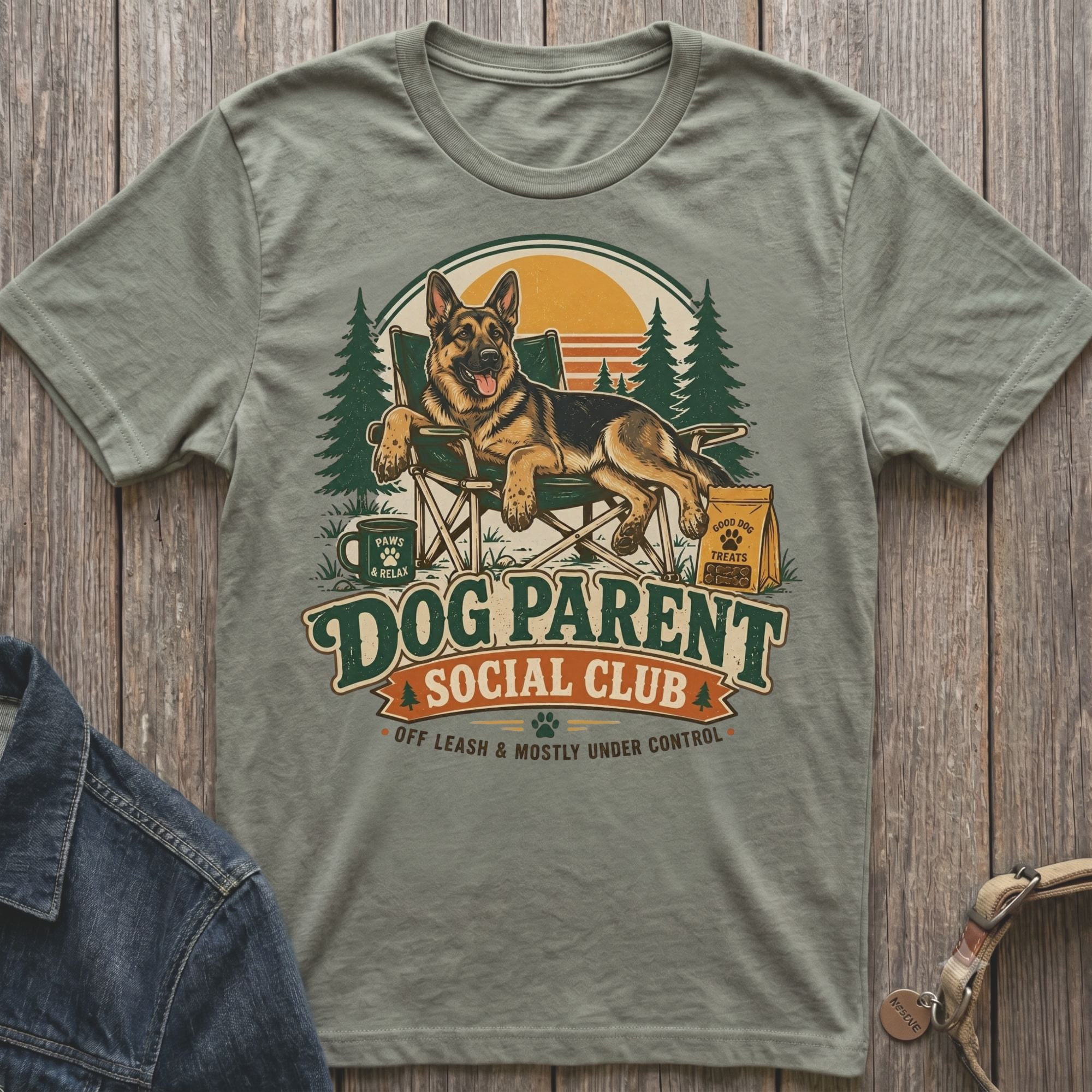 German Shepherd relaxing in a chair with "Dog Parent Social Club" text.