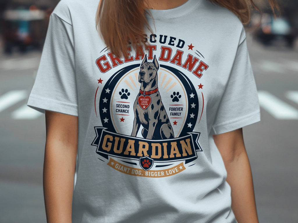 Rescued Great Dane Guardian shirt with dog, paw prints, and text.