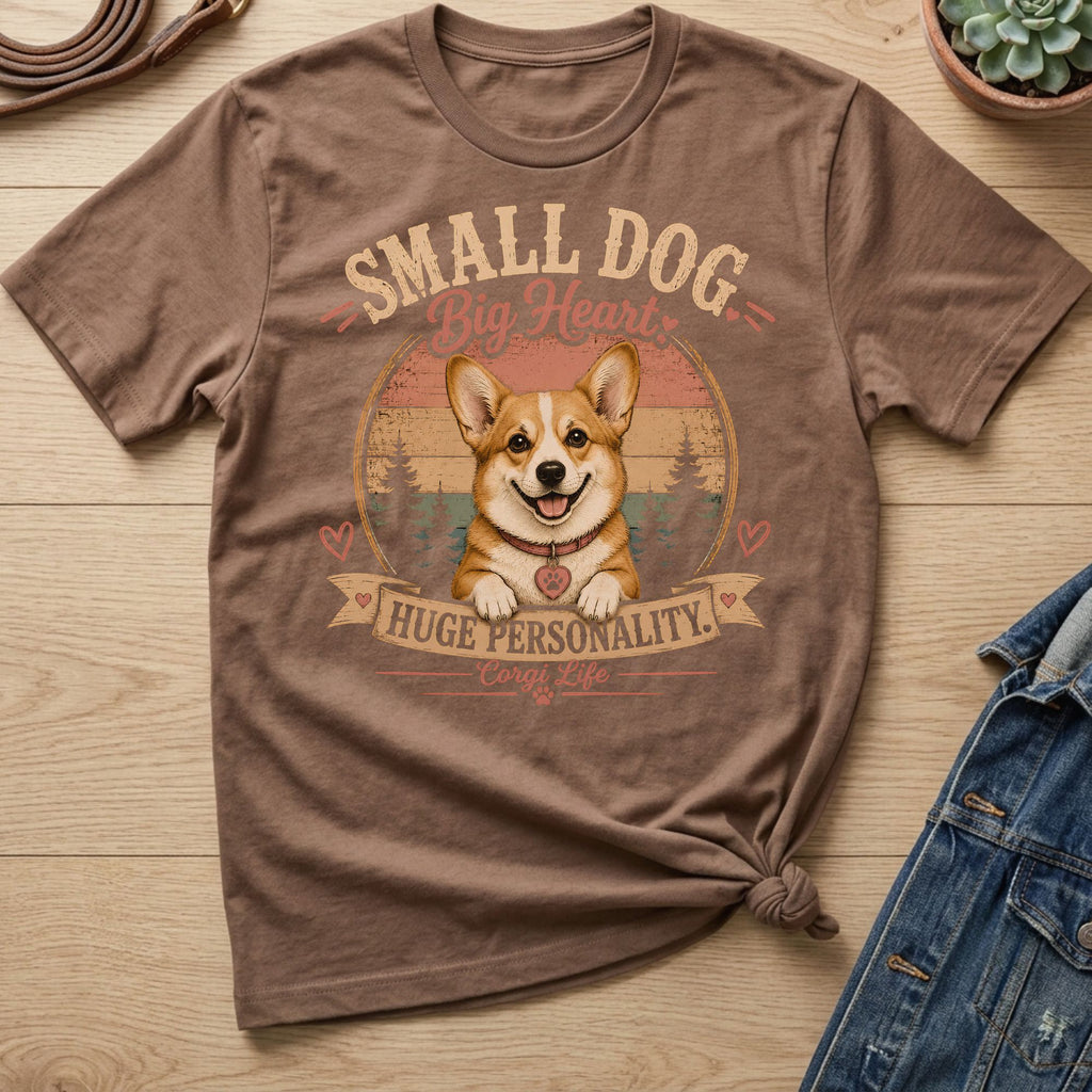 Brown t-shirt with a corgi graphic reading "Small Dog Big Heart Huge Personality. Corgi Life."