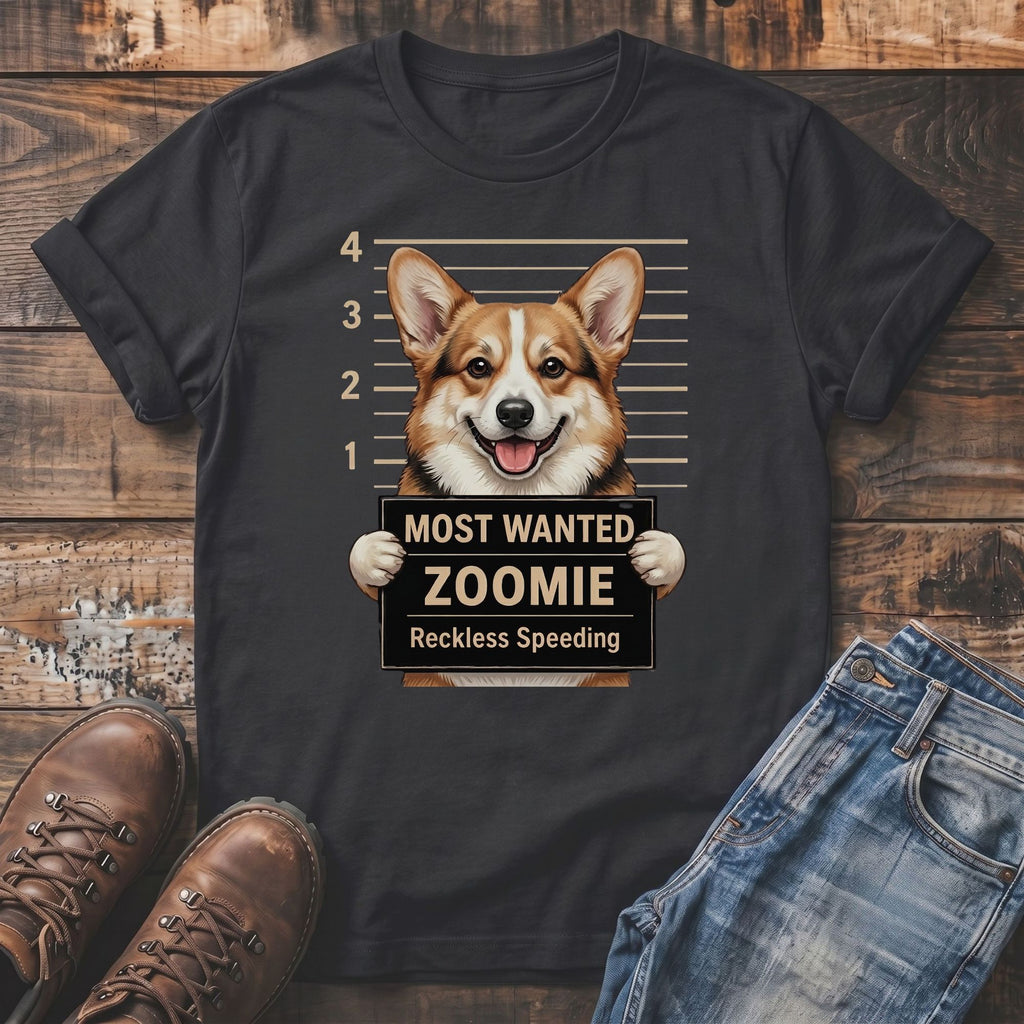 Corgi holding a "Most Wanted Zoomie Reckless Speeding" sign in front of a mugshot backdrop on a dark t-shirt.