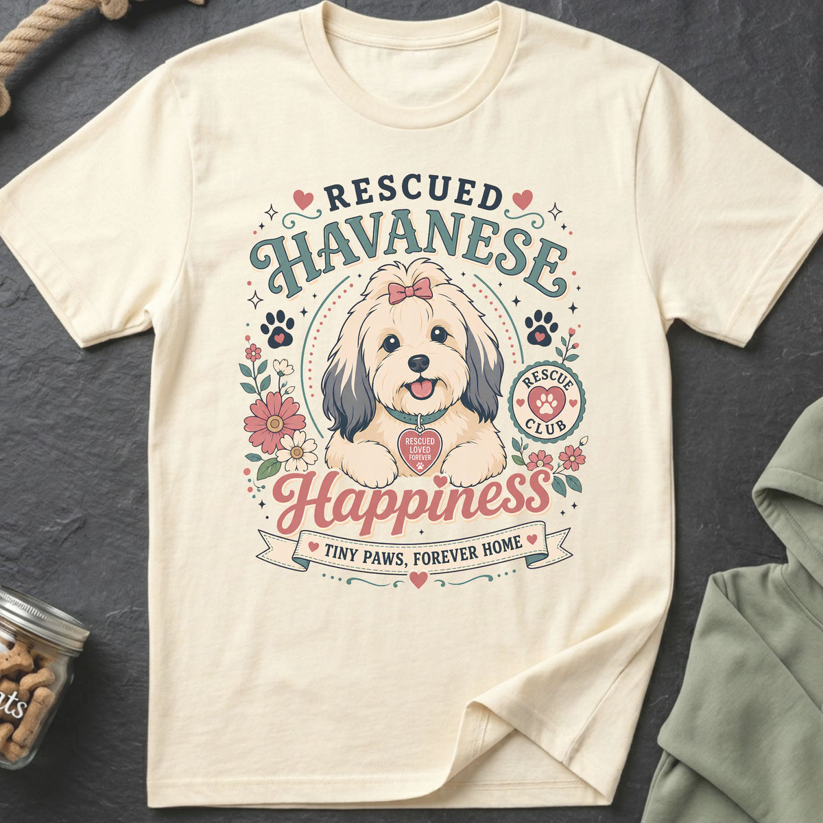 Cream t-shirt with a graphic of a Havanese dog, flowers, and text "Rescued Havanese Happiness".