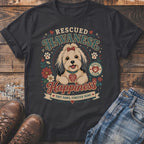 Dark t-shirt with rescued Havanese dog graphic reading "Happiness Tiny Paws, Forever Home".