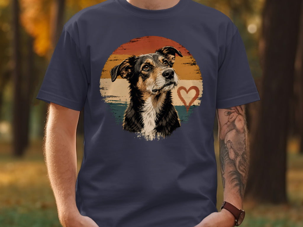 Dog portrait with heart on vintage sunset background on navy t-shirt.