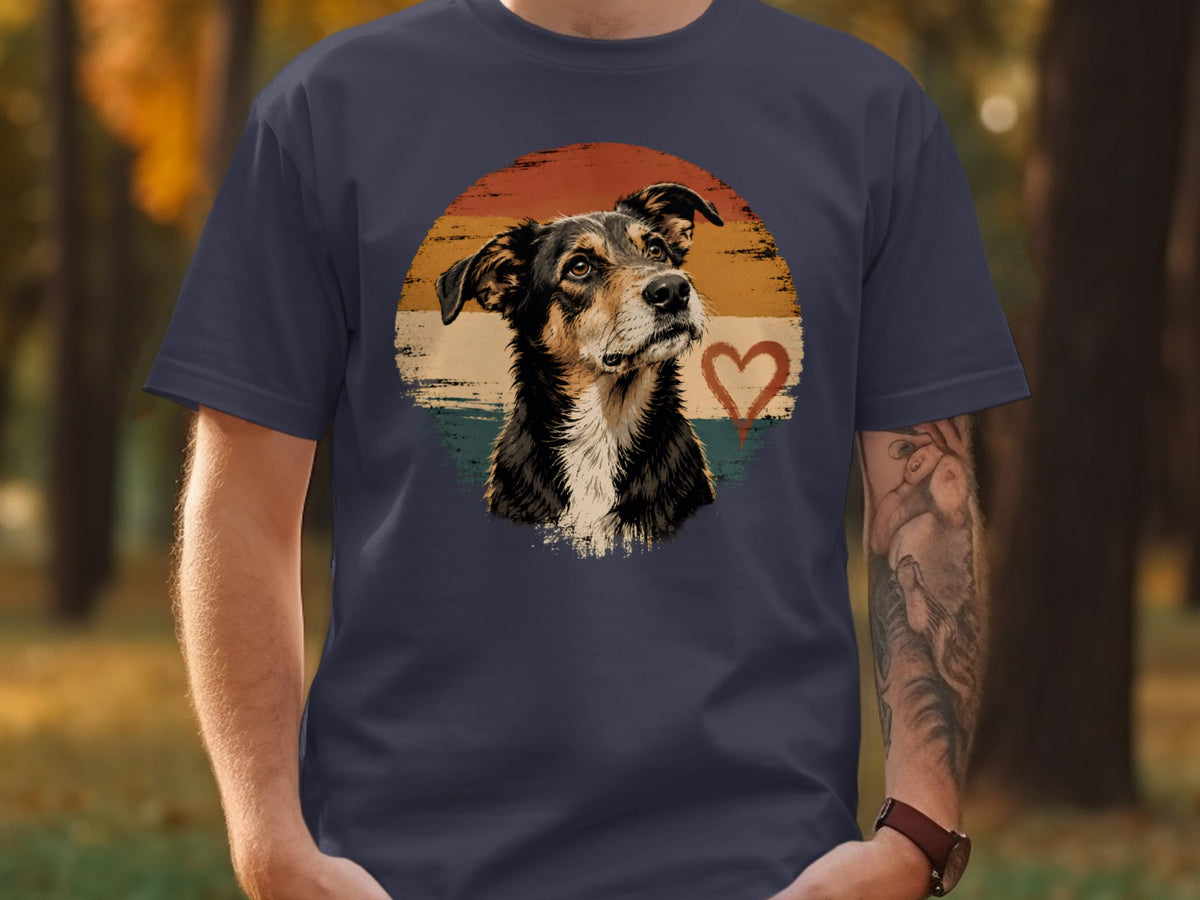 Dog portrait with heart on vintage sunset background on navy t-shirt.