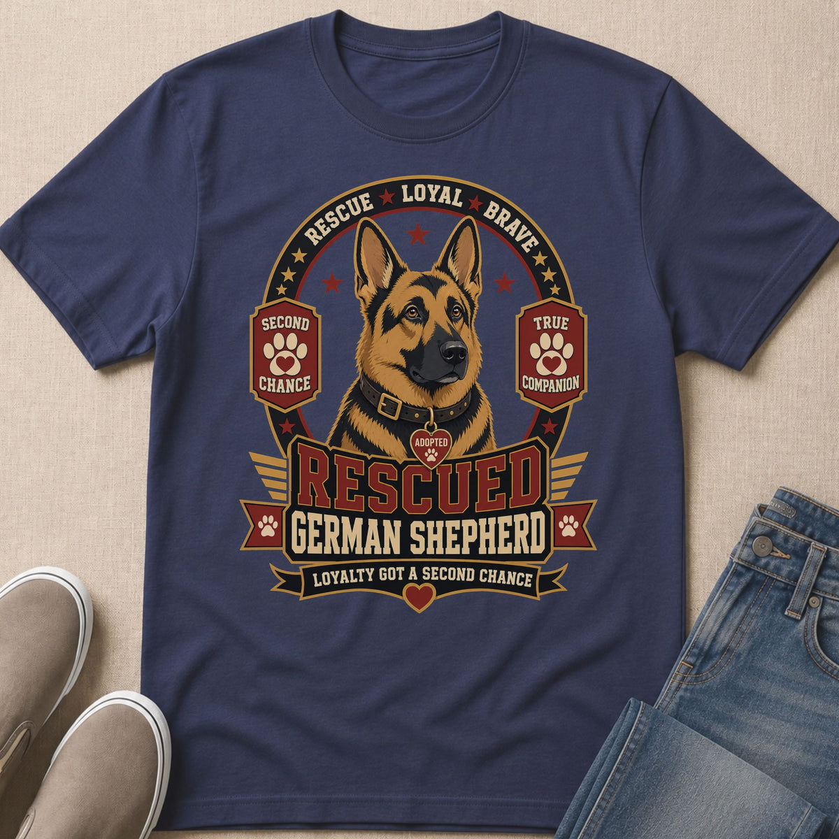 Rescued German Shepherd graphic with "Loyalty Got a Second Chance" text.