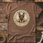 Brown t-shirt with German Shepherd graphic and text "I RESCUED MY BEST FRIEND."