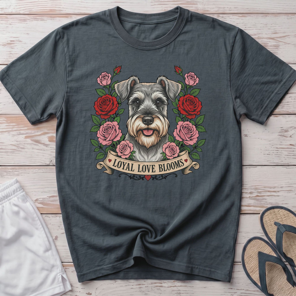 Schnauzer dog with roses and banner reading "Loyal Love Blooms" on a dark grey t-shirt.