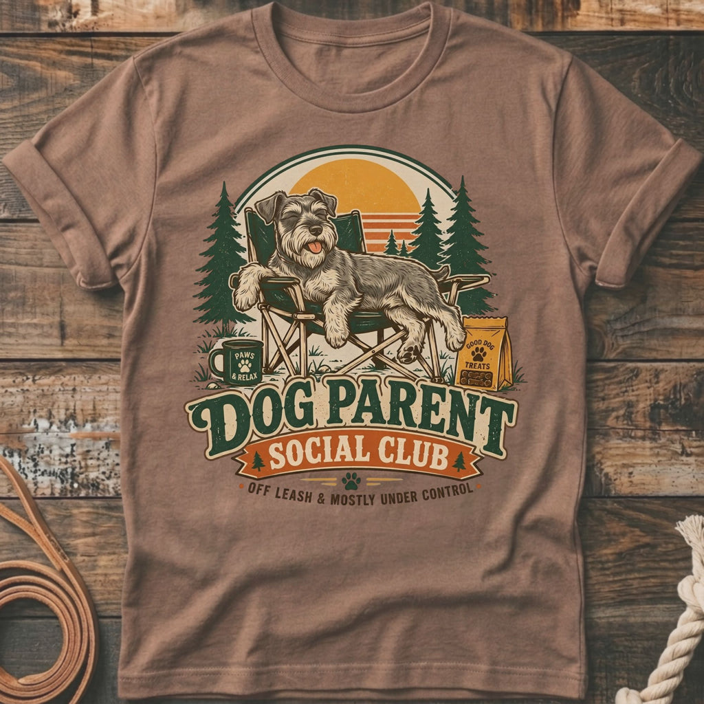 T-shirt graphic of a schnauzer relaxing in a chair with "Dog Parent Social Club" text.