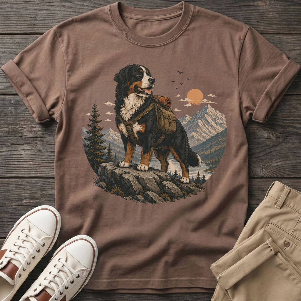 Bernese Mountain Dog with backpack on rock overlooking a mountain lake at sunset.