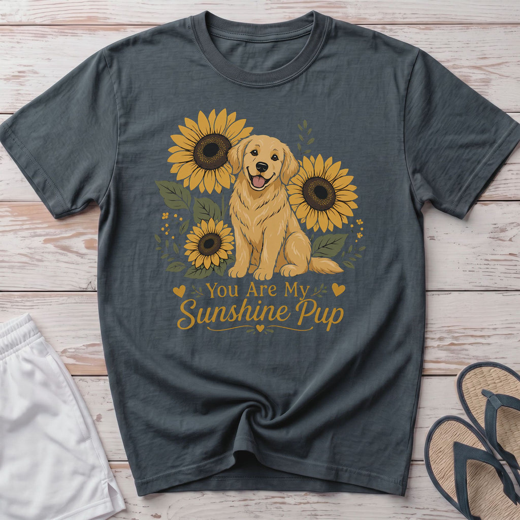 Dark grey t-shirt with a golden retriever, sunflowers, and text "You Are My Sunshine Pup".