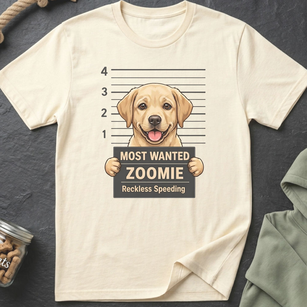 Yellow lab mugshot with text "Most Wanted Zoomie Reckless Speeding."