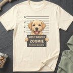 Yellow lab mugshot with text "Most Wanted Zoomie Reckless Speeding."