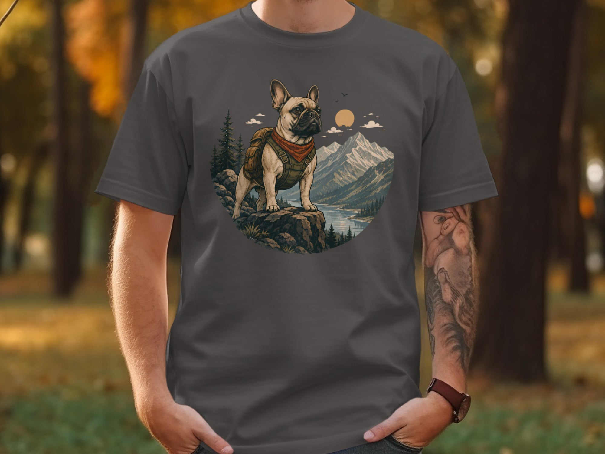 French bulldog wearing backpack and bandana on rocky overlook with mountains.