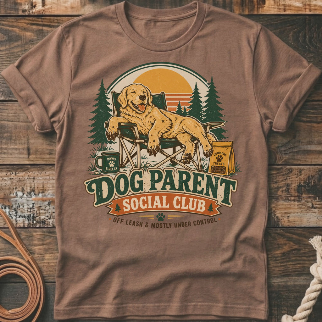 Golden retriever relaxes in camping chair with "Dog Parent Social Club" text.