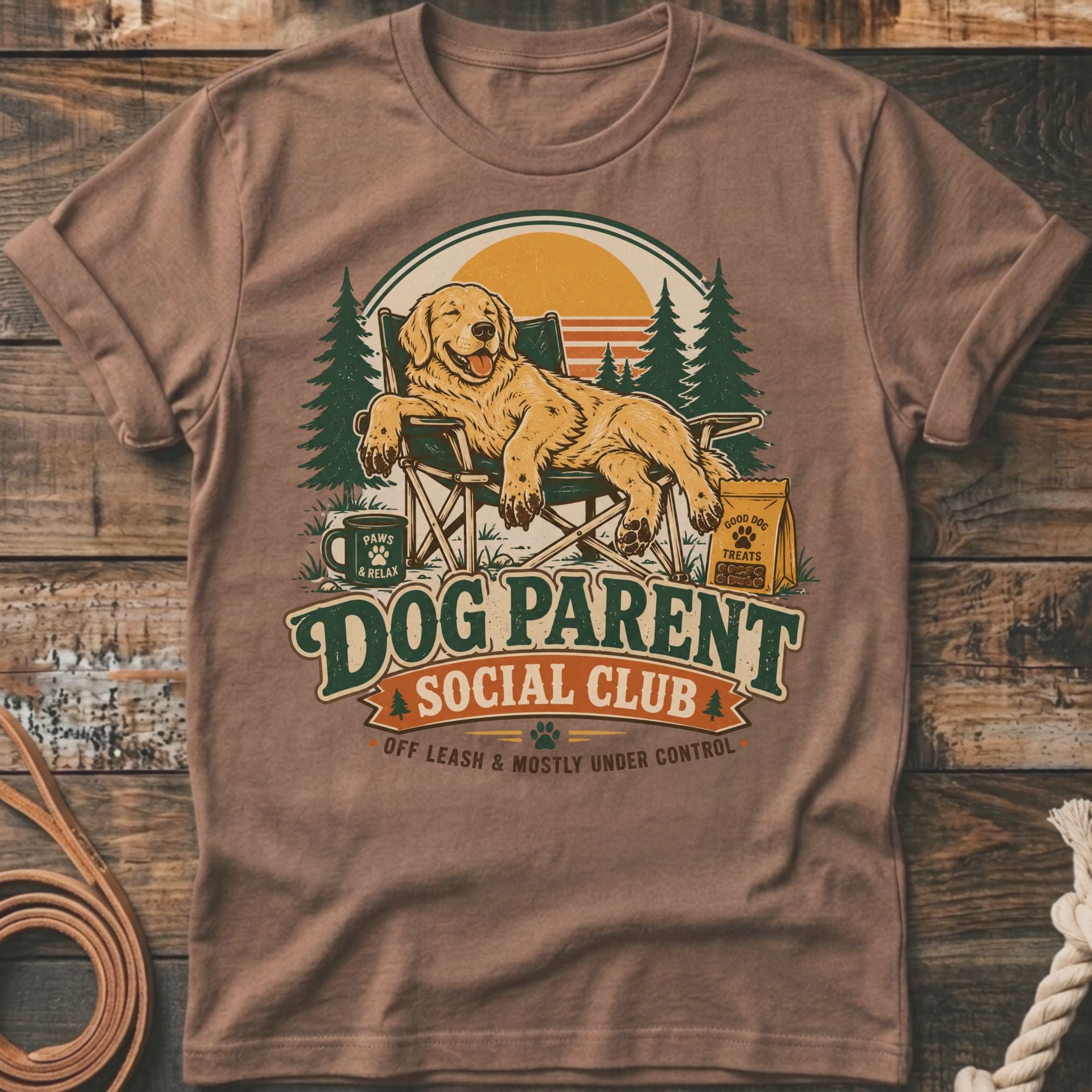 Golden retriever relaxes in camping chair with "Dog Parent Social Club" text.