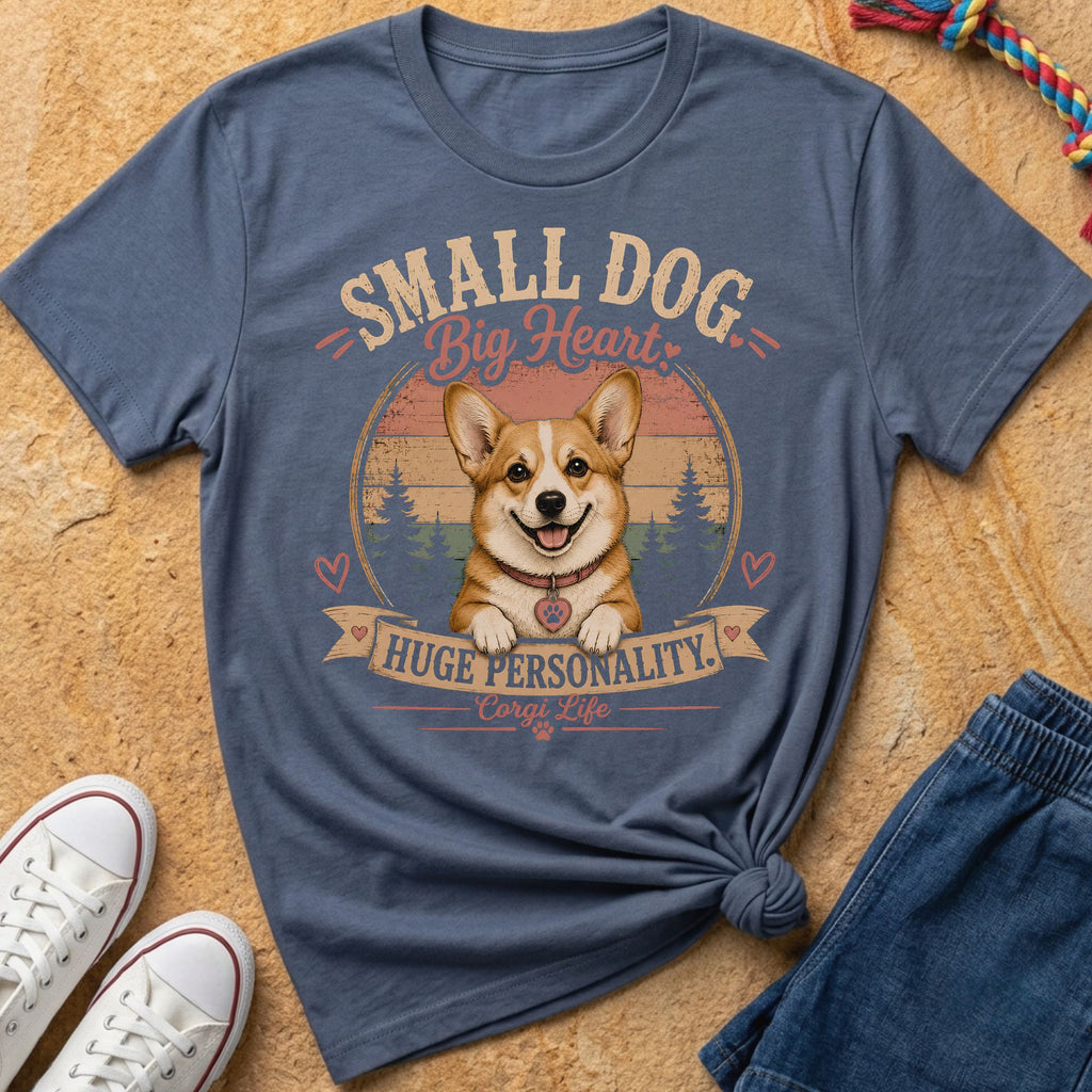 Blue t-shirt with a corgi graphic and text "SMALL DOG. BIG HEART. HUGE PERSONALITY. Corgi Life."