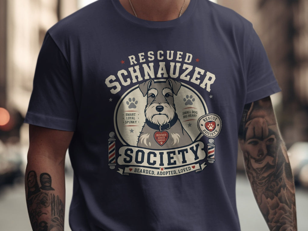 Navy t-shirt with a "Rescued Schnauzer Society" graphic including a dog portrait and heartwarming text.