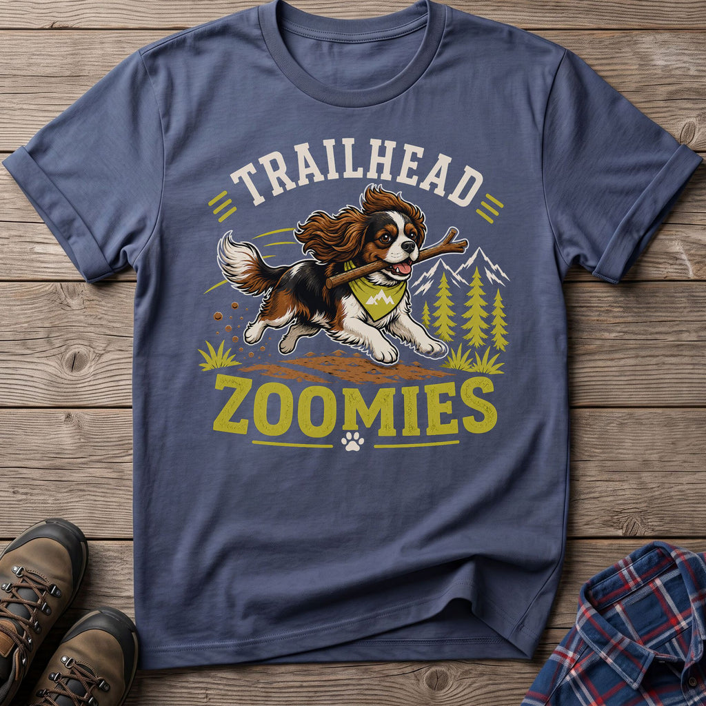 T-shirt with Cavalier King Charles Spaniel, "TRAILHEAD ZOOMIES" text, and mountain scene.