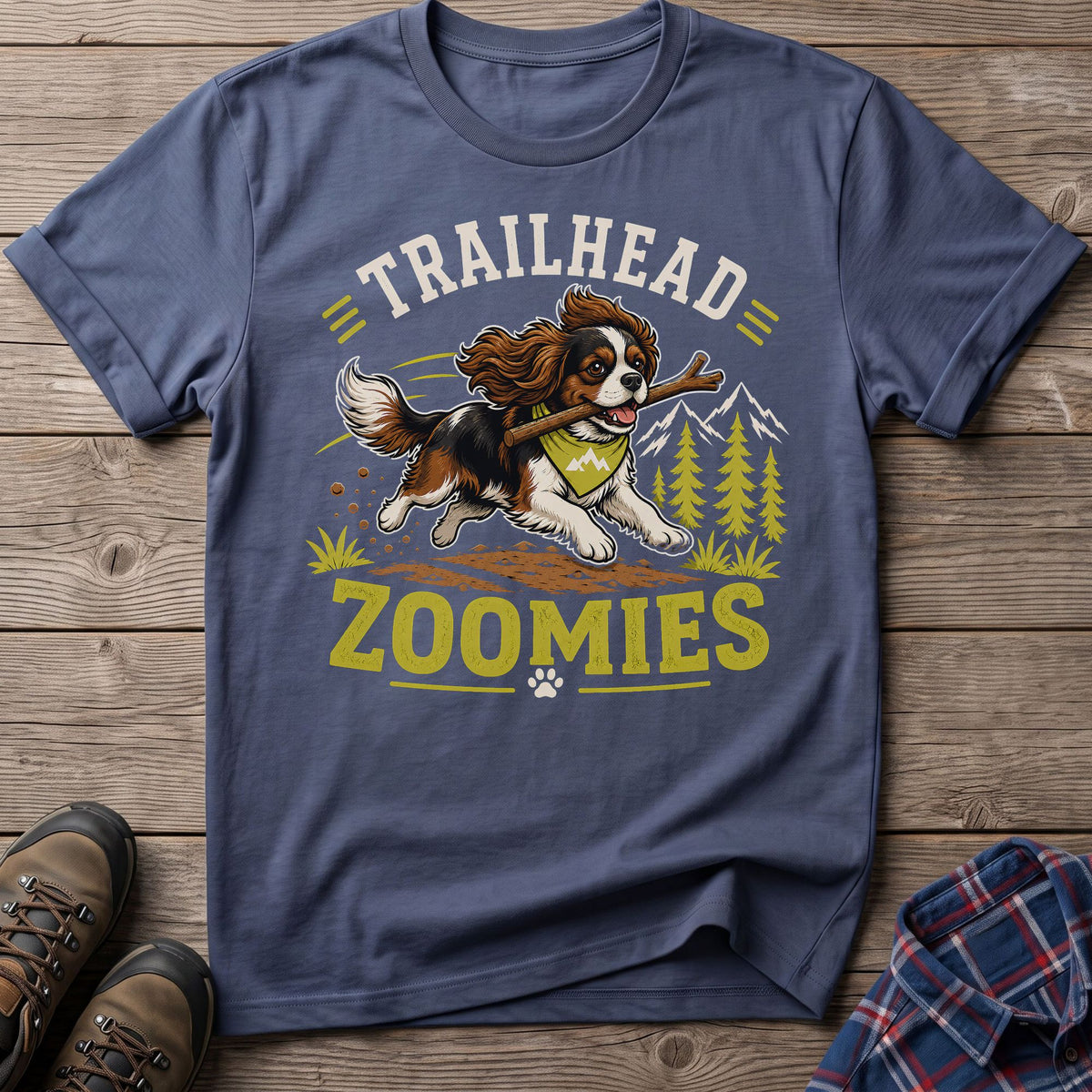 T-shirt with Cavalier King Charles Spaniel, "TRAILHEAD ZOOMIES" text, and mountain scene.