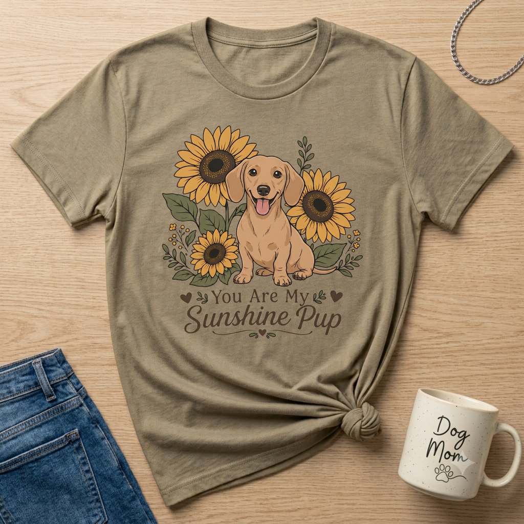 T-shirt with a dachshund and sunflowers graphic that reads "You Are My Sunshine Pup".