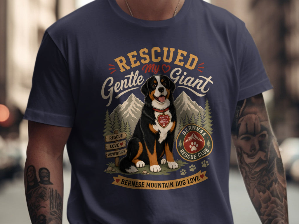 Bernese Mountain Dog illustration with text "Rescued My Gentle Giant" and "Bernese Mountain Dog Love."