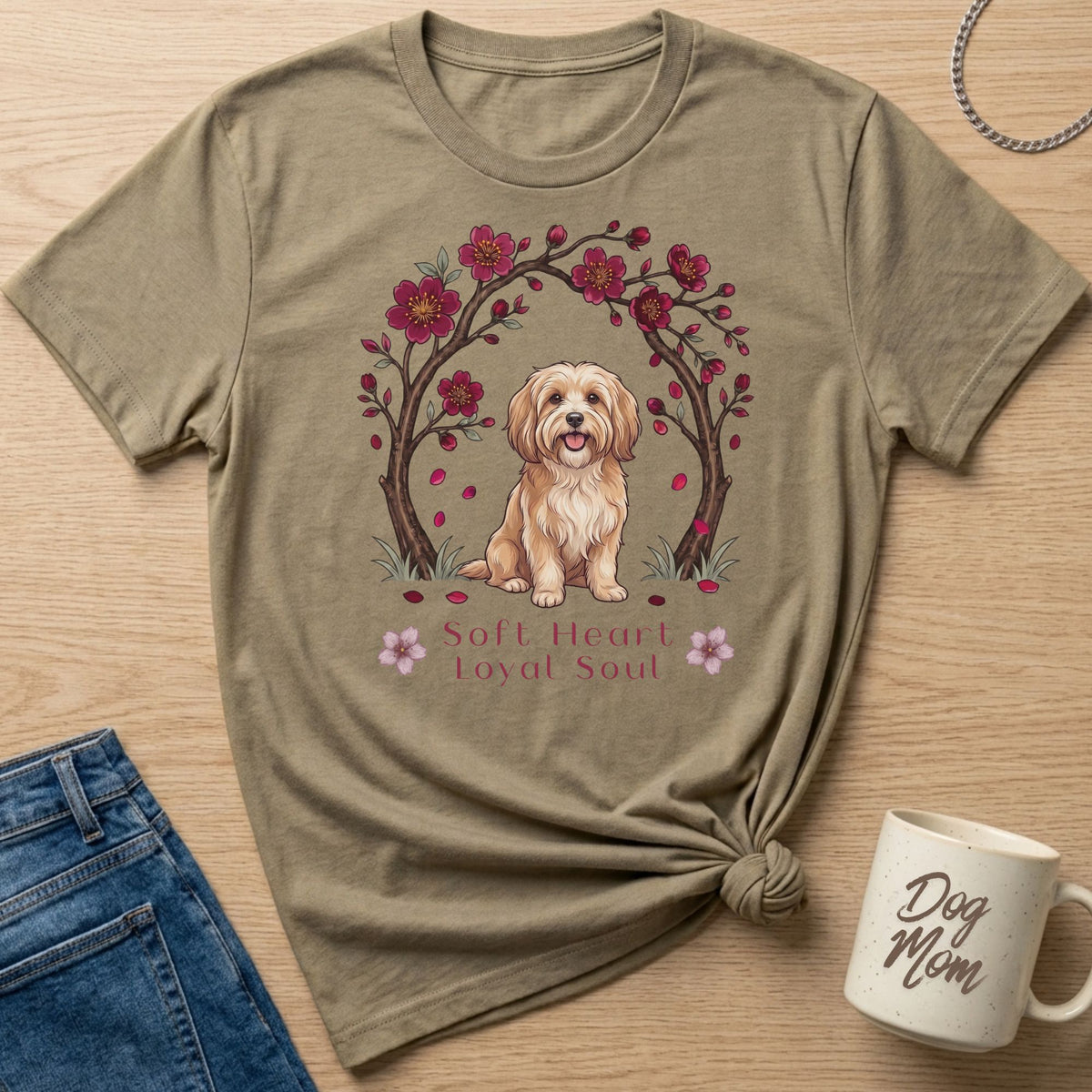 T-shirt with a golden doodle dog graphic, cherry blossoms, and text "Soft Heart Loyal Soul".