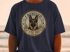 German Shepherd portrait with text "I RESCUED MY BEST FRIEND" on navy shirt.