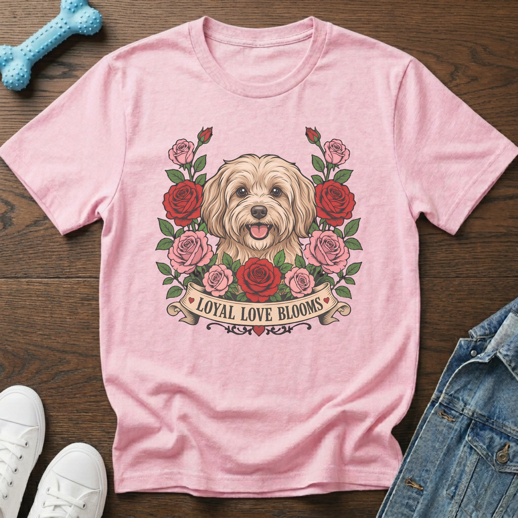 Pink t-shirt with a dog surrounded by roses and the text "Loyal Love Blooms".
