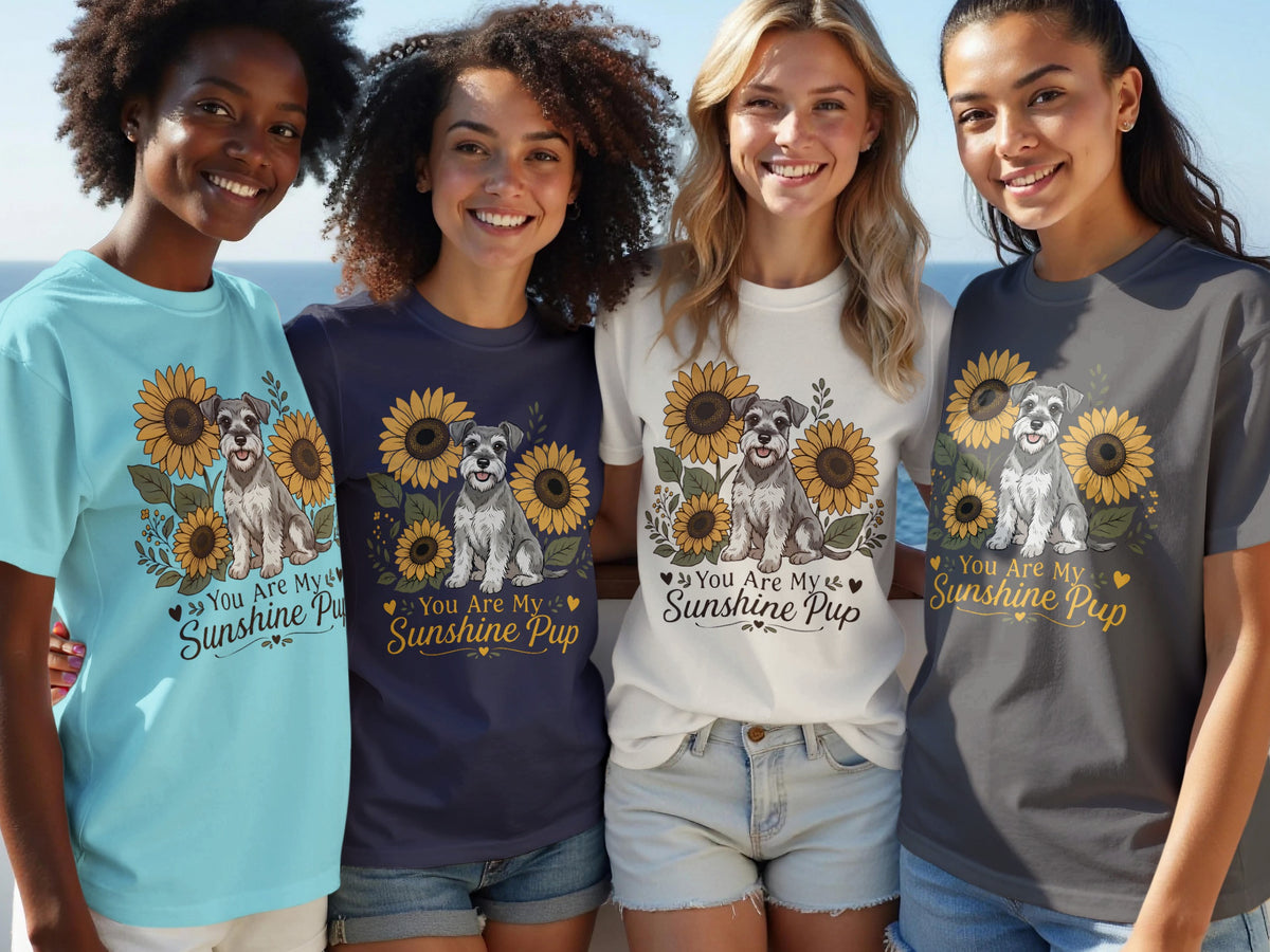 Four women wear t-shirts with a gray schnauzer and sunflowers graphic.