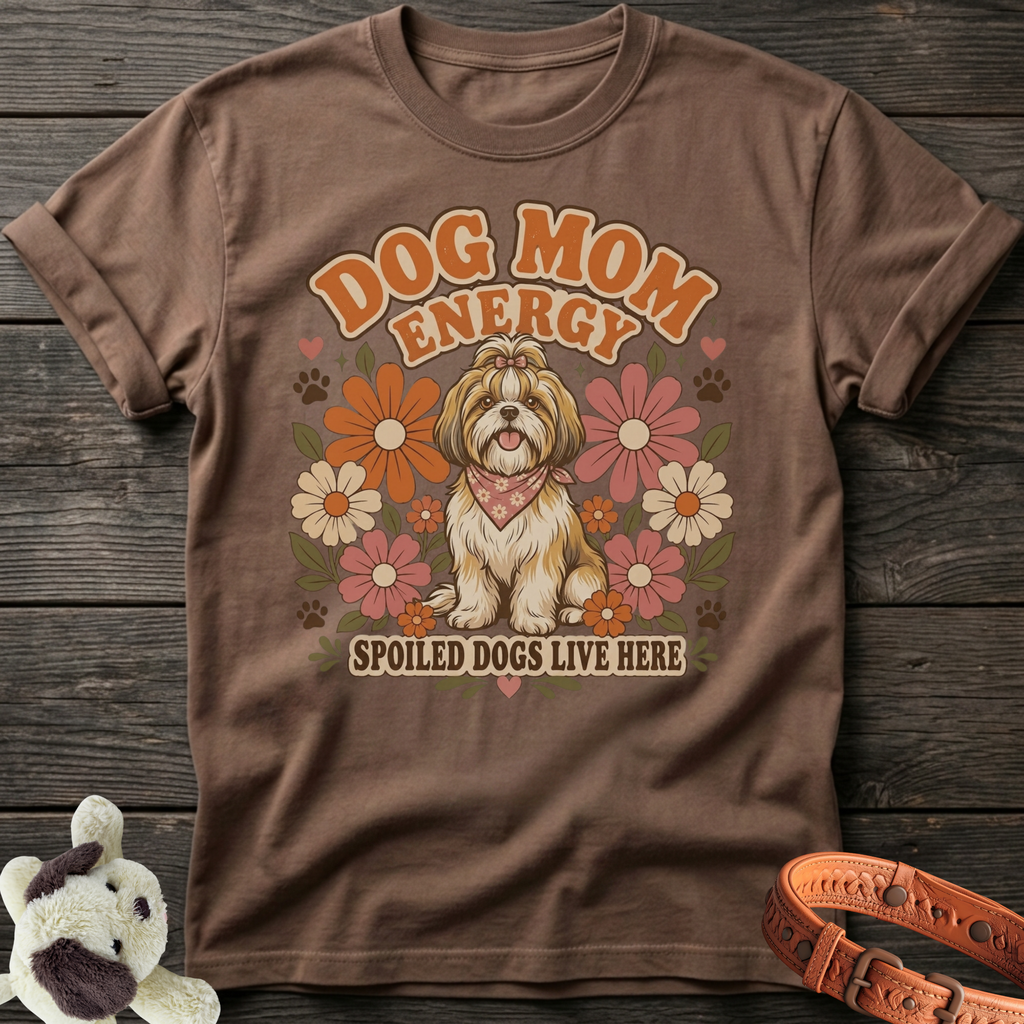 Brown t-shirt with "Dog Mom Energy" text and a Shih Tzu dog design.