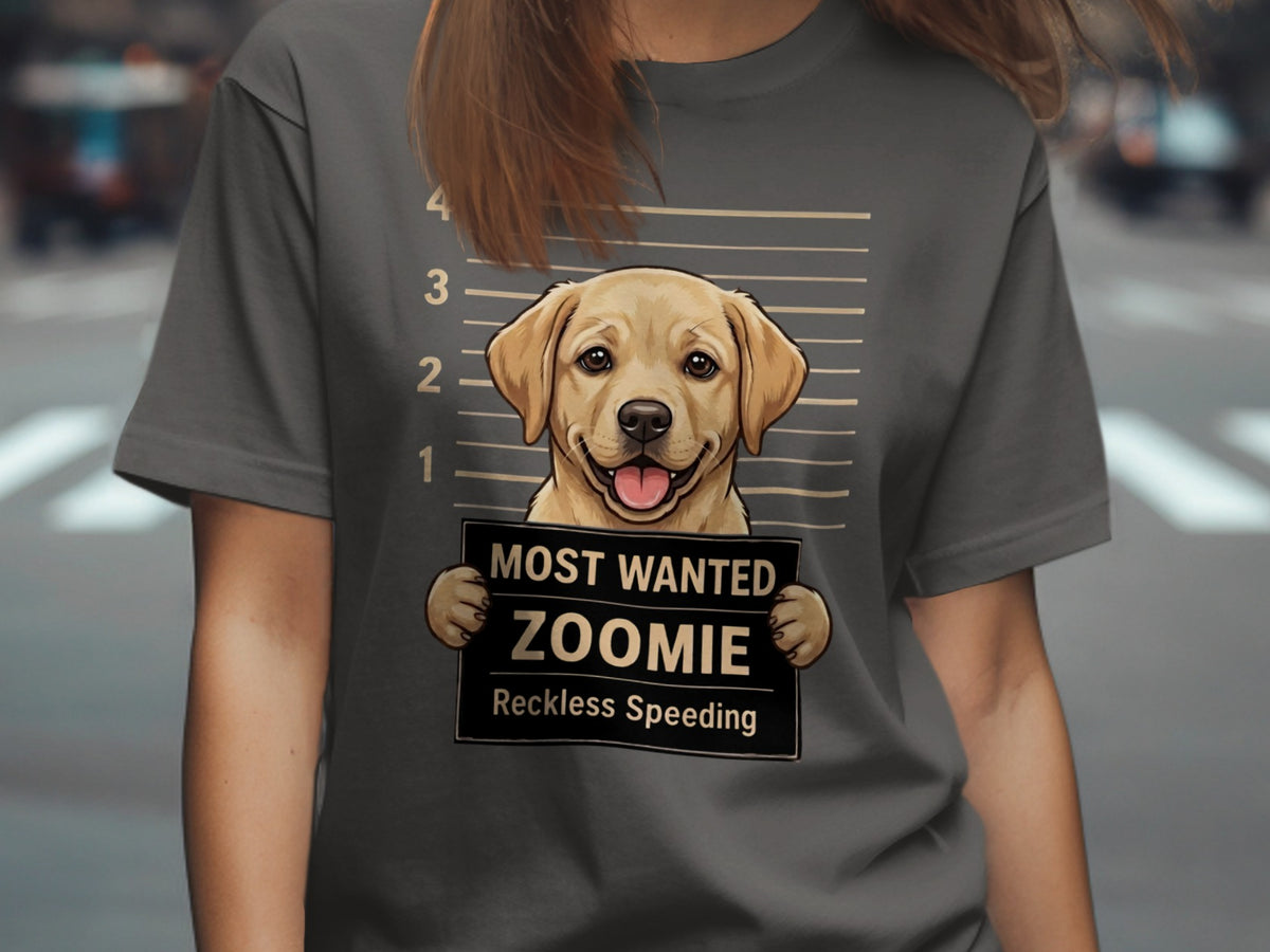 Labrador retriever mugshot on grey t-shirt with text "MOST WANTED ZOOMIE Reckless Speeding".