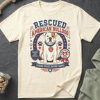 "Rescued American Bulldog" graphic with a seated bulldog and patriotic elements.