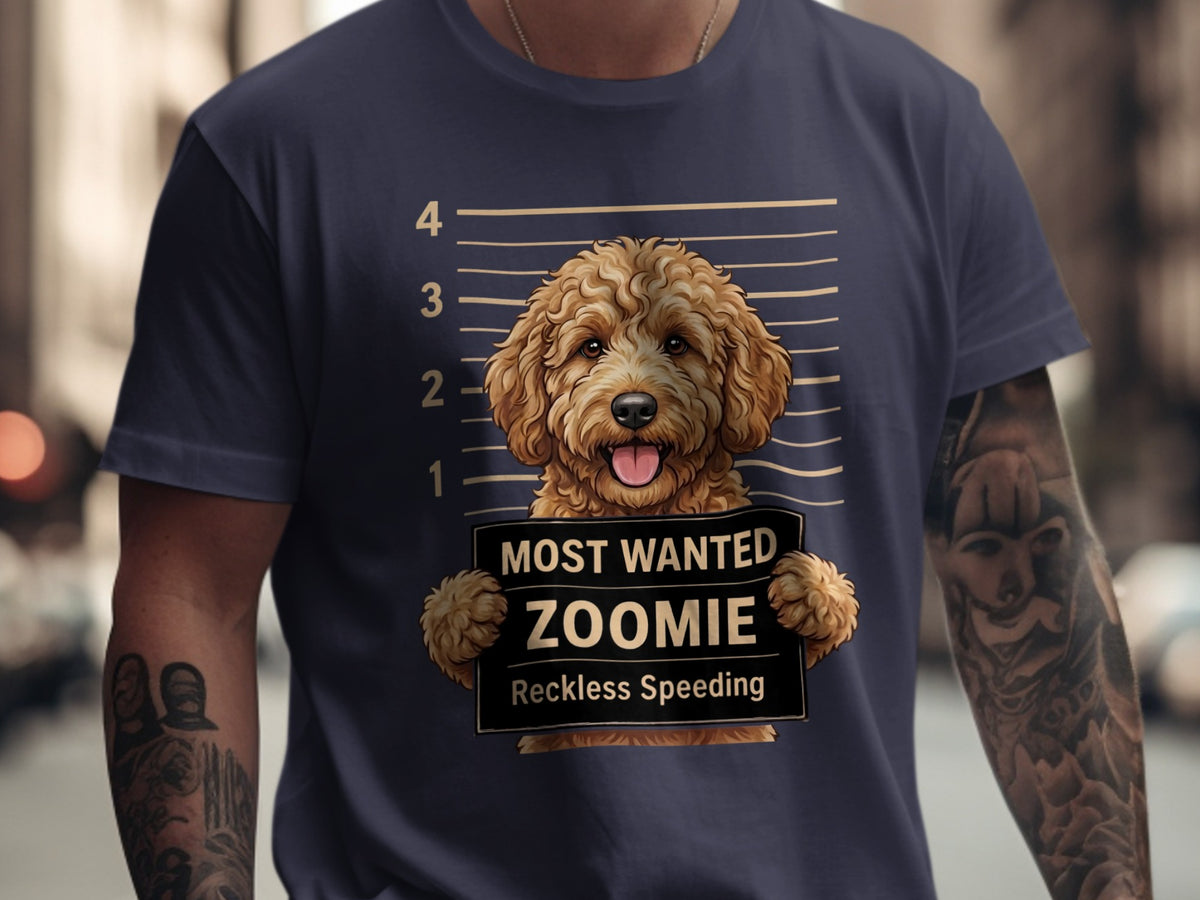 Dog mugshot with "Most Wanted Zoomie" and "Reckless Speeding" text.