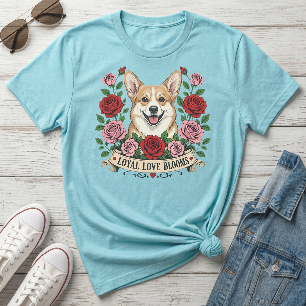 Light blue t-shirt with a smiling corgi surrounded by roses and banner saying "Loyal Love Blooms".