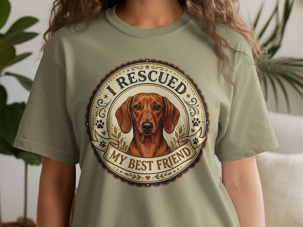 T-shirt with a round graphic of a dachshund and the text "I RESCUED MY BEST FRIEND".