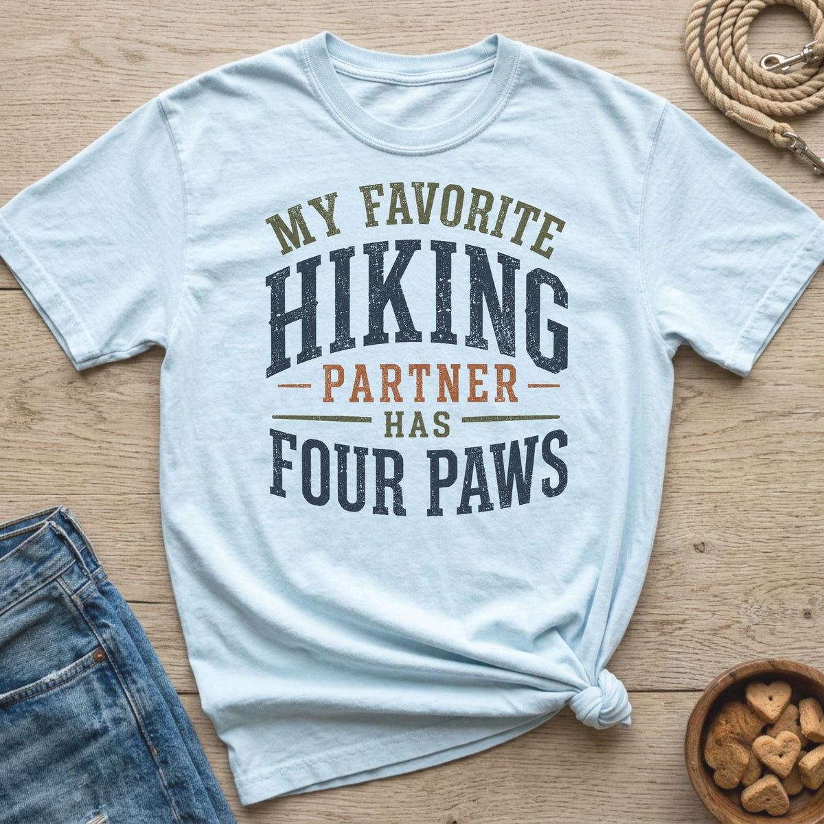 Light blue t-shirt with text "MY FAVORITE HIKING PARTNER HAS FOUR PAWS".