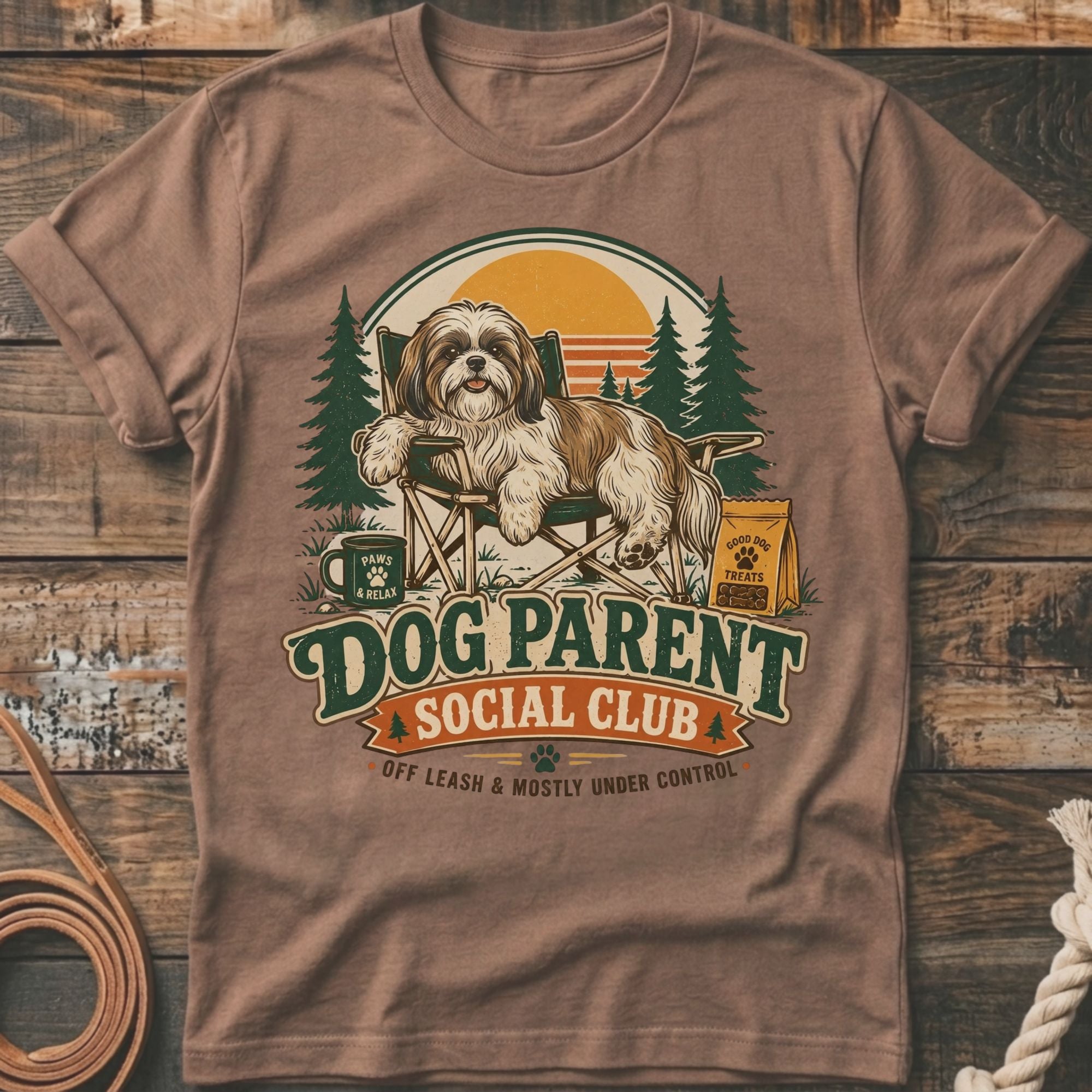 Shih Tzu on camping chair with "Dog Parent Social Club" text and outdoor scene.