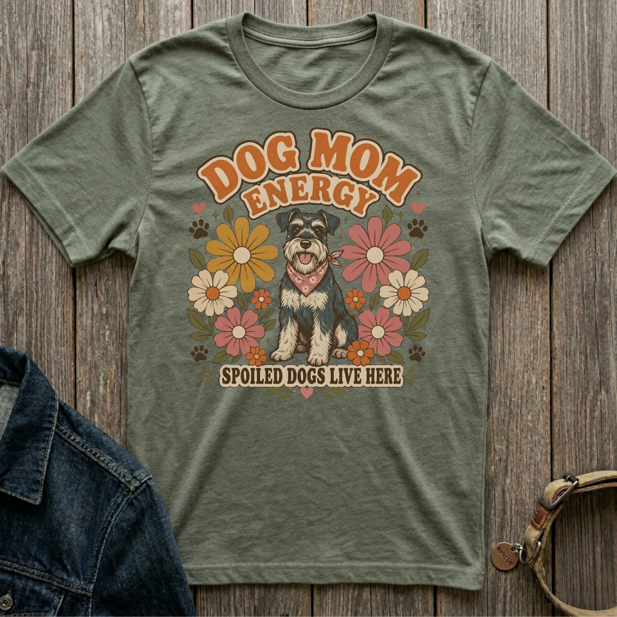 Green t-shirt with "Dog Mom Energy" and "Spoiled Dogs Live Here" text and a dog.