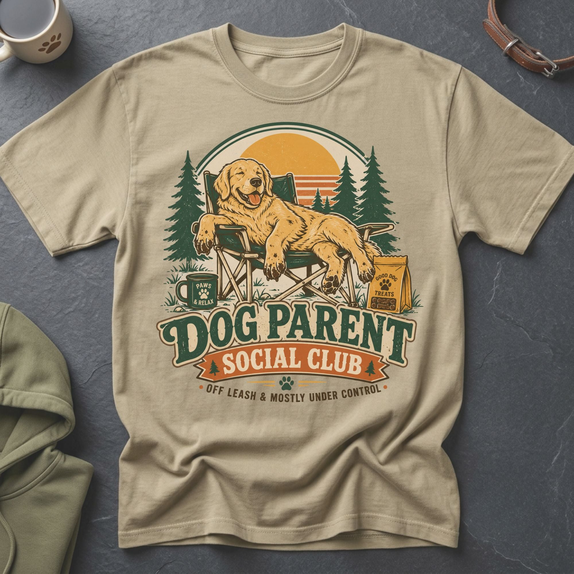 Golden retriever relaxing in a chair with "Dog Parent Social Club" text.