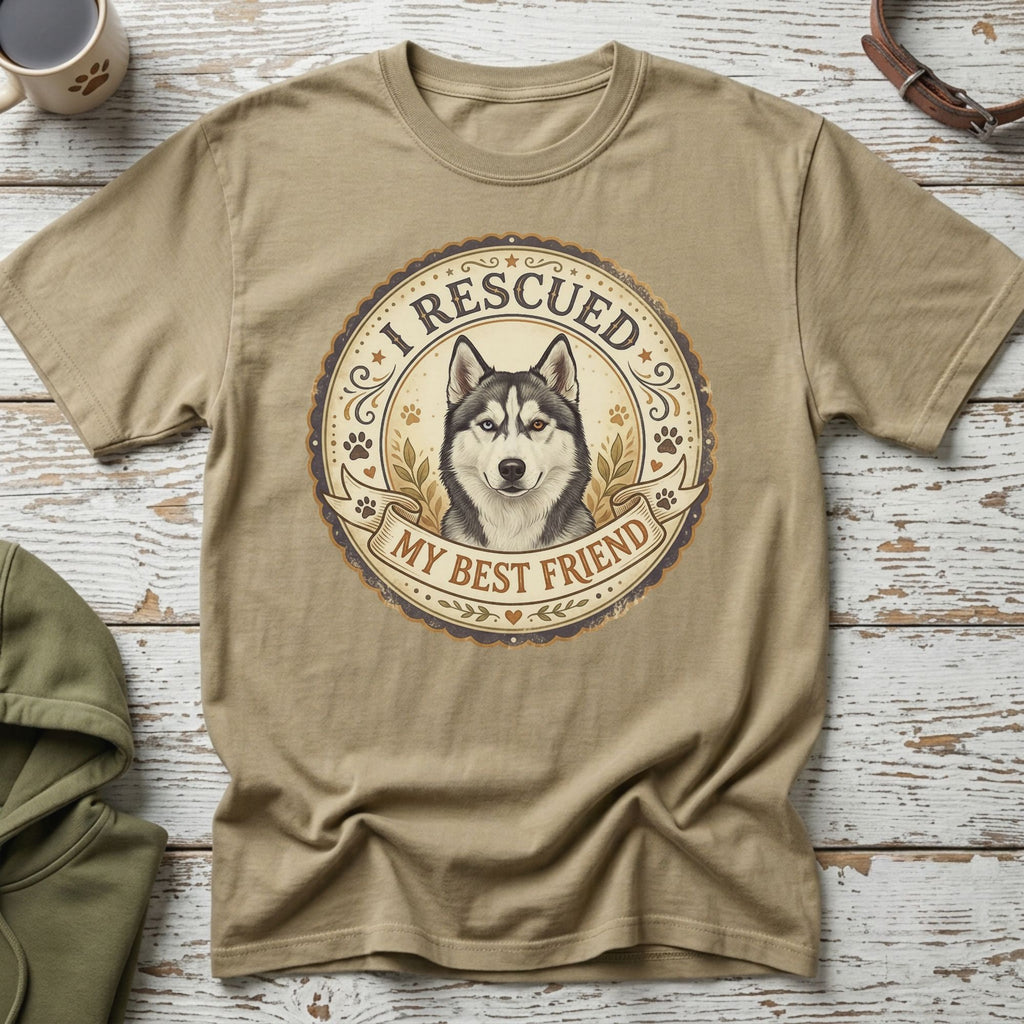 T-shirt with a husky graphic and the text "I Rescued My Best Friend".