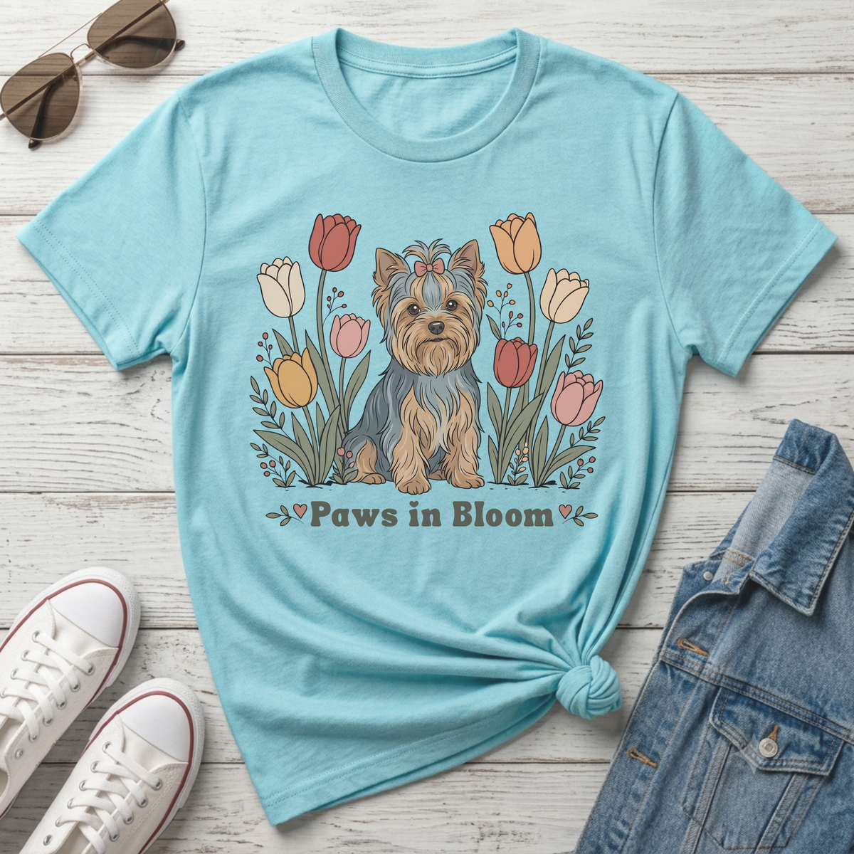 Yorkshire Terrier with tulips and the text "Paws in Bloom" on a blue t-shirt.