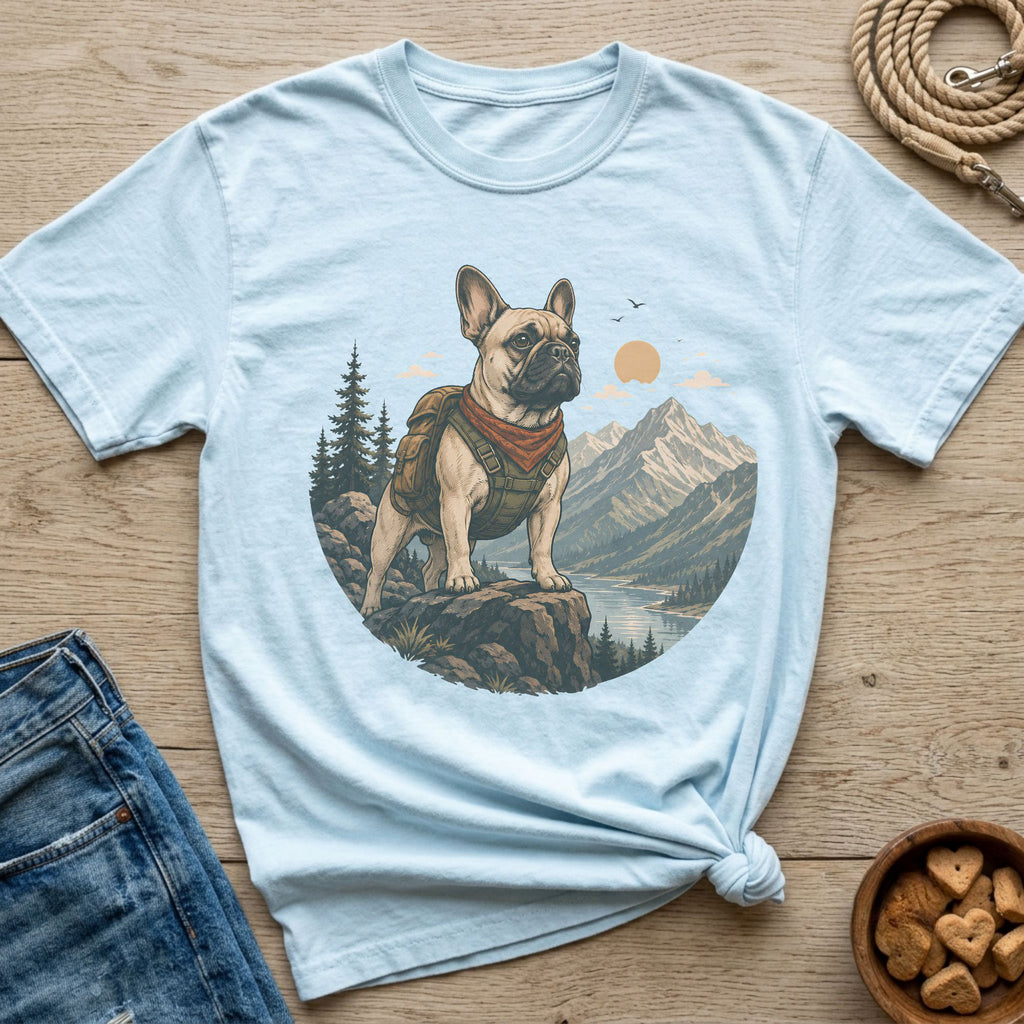 Light blue t-shirt with a French bulldog wearing a backpack and bandana on a mountain landscape.