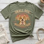 Green t-shirt with corgi graphic and text "Small Dog Big Heart Huge Personality".