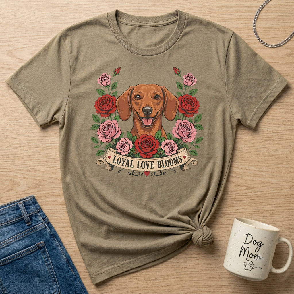 Dachshund surrounded by roses with banner text "LOYAL LOVE BLOOMS."