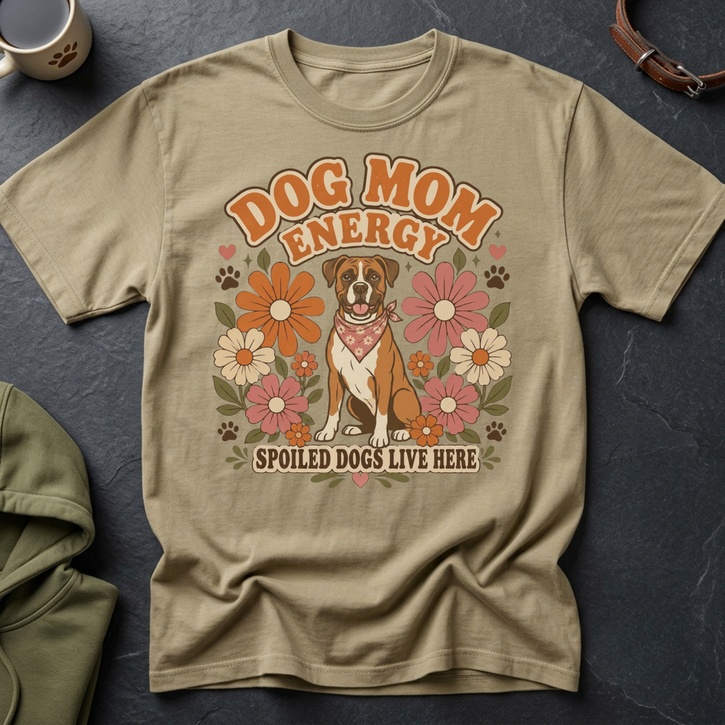 Dog Mom Energy text with a dog and flowers, Spoiled Dogs Live Here.